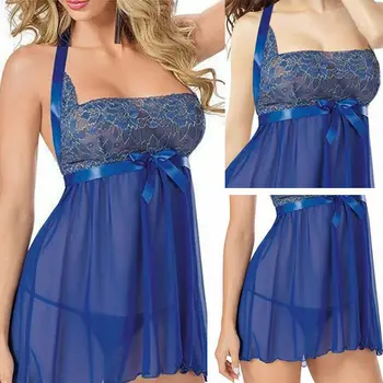 Sexy Plus Veľkosť Modrá Čipky Bielizeň Čipky Sleepwear Nastaviť Ženy G-string Babydoll Šaty Nightdress