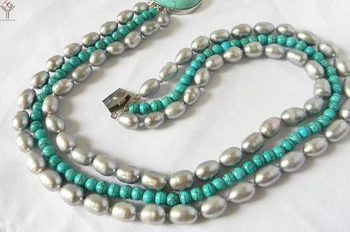 Svadobné Ženy Šperky 3 Riadky Náhrdelník gray Pearl modrá howlite perličiek zmiešané Náhrdelník modrý kameň spona Prírodné Sladkovodné Perly