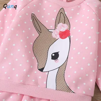 Qunq Dievčatá Ružové Šaty s Dlhým Rukávom Jar Jeseň Deti, Oblečenie pre Dievča Cartoon Deer One-Piece Batoľa Deti Oblečenie