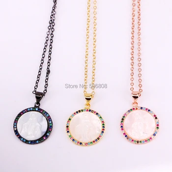 6 Prameňov ZYZ-N5855 módny náhrdelník s rainbow cz spevnené okrúhle shell prívesok farebné cz kúzlo s malými reťazí šperky