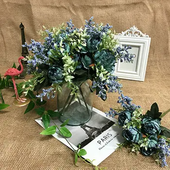 Umelé Hodvábnej látky Falošné Kvety Leaf Pivónia Kvetinový Domov Svadobné Party domova Modrá Čaj ruže malé kytice