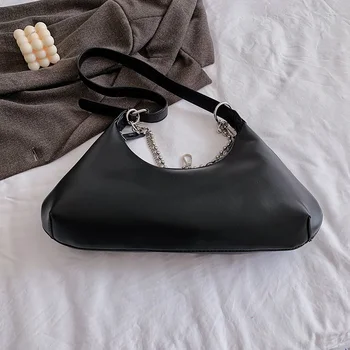 Retro Black Hobo Tašky pre Ženy Kvalitné Kožené brašňa Luxusné Pevné Satchel Bag Osobnosti Reťazca Ženské Kabelky Sac Bolsa