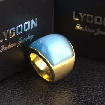 LYCOON najnovší luxusný sky blue opál šperky krúžok pre ženy, nerezová oceľ platňa zlata-farebná krúžky roztomilý strany krúžky
