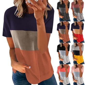 2021 dámske Letné Štýl, Šitie Kontrast Farieb Okrúhlym Výstrihom, Krátky Rukáv Príležitostné Voľné Ženy Plus Veľkosť Oblečenie Grafické Tshirts