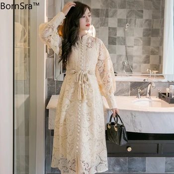 BornSra Midi Šaty Elegantné Ženy Vintage A-line Šaty Nové kórejskej Strany 2020 Jar Leto Žena s Dlhým Rukávom Duté Z Pásu