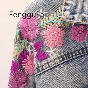 Kvetinový Vyšívané Denim Jacket Ženy Čipky Sequined Pozdĺžne Základné Bunda Pre Ženy Hot Predaj Priameho Predaja Rukávy Coats