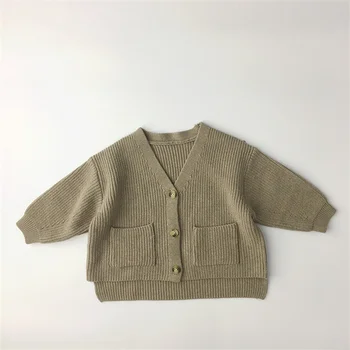 Jar 2021 kórejský štýl, Chlapci tvaru Pletené Vesty Kabát Dievčatá Jedného Prsníka Predné Vrecko Svetre Pre Deti Oblečenie