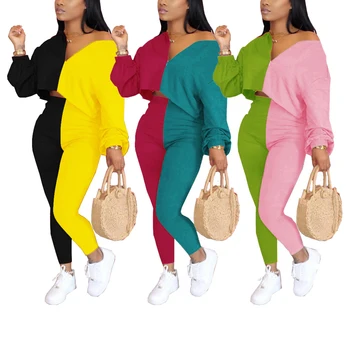 Plus Veľkosť Patchwork Oblečenie Nastaviť Ženy Móda 2 ks Dlhý Rukáv Farebný Blok Top nohavice Nohavice Nastaviť Dámy Jeseň Oblečenie 2020