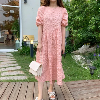 YAMDI a-line krátky rukáv letná party šaty midi šaty elegantné ženy kórejský 2020 nový vintage žena pevné ružové nepravidelný župan