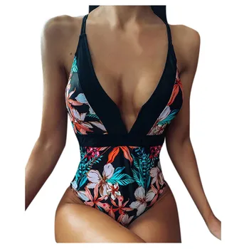 Ženské Nové Sexy jednodielne Plavky Ženy Plavky Hlboký Výstrih Vysoký Pás Tropických Tlač Otvorený Bazén Oblek pre Ženy