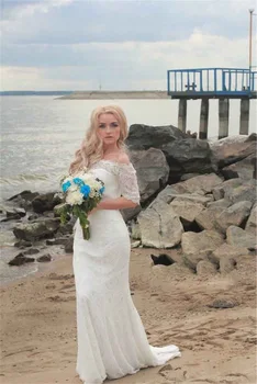 NUOXIFANG 2020 Biele Čipky Boho Morská víla Svadobné Šaty Pol Rukávy Ramena Pláži Svadobné Šaty Elegantné Svadobné Šaty