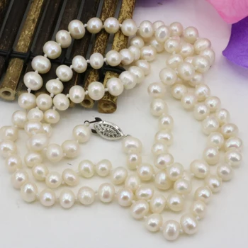 Módne šperky robiť 7-8mm prírodná biela perla korálky náhrdelník pre ženy s dlhými reťazcami, vysoký stupeň darček elegantné šperky 36inch B3239