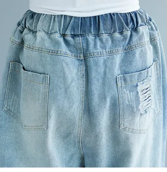 Nový štýl big veľkosť príčinné teľa-dĺžky džínsy, nohavice, s otvorom & neforemné nohavice& elastický pás voľný čas,yz0035