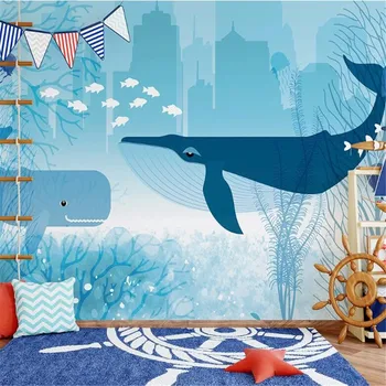 Milofi výrobcov vlastnú tapetu nástenná maľba 3d akvarel cartoon veľryba balón deti spálňa pozadí na stenu