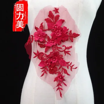 1pc Čistej Tkaniny, Výšivky Škvrny 3D Kvet Korálkové Nášivka Šiť Na Oblečenie, Svadobné Šaty Patch Príslušenstvo Červená Modrá ružová