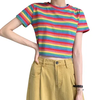 Dámske Módne Príležitostné O Krk Rainbow Krátky Rukáv Pulóver Plodín Top T-Shirt