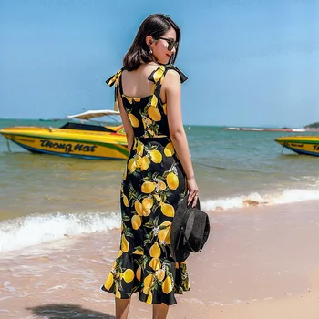 Dámske Letné Dizajn Fishtail motýlik Sklzu Šaty bez rukávov citrón vytlačené taška hip šaty žena slim Plážové Šaty