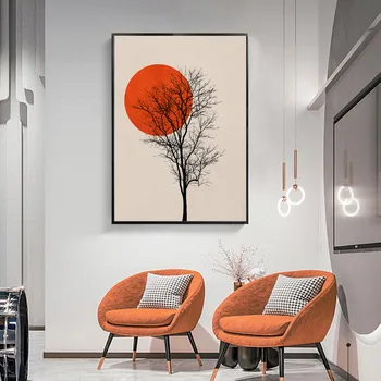 Abstrakt Orange Červený západ Slnka s Stromu Vtákov Vintage Poster Plátno na Maľovanie na Stenu Umenia, Tlače Obrázku Obývacia Izba Interiér Domova