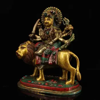 Svadobné dekorácie Nepálska staré medené hand-made vykladané kameňmi maľované zlato sľubný sochy bohyne