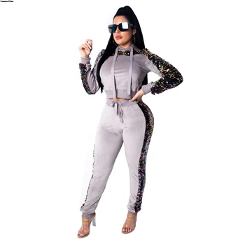 Citrón Gina 2019 ženy sequined spojov velvet s kapucňou mikiny ceruzkou nohavice obleky dve dielna sada športové tepláky SMR9126