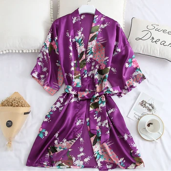 Fialová Veľkosť 3XL Župan Ženské Kimono Šaty Sexy Salónik oblečenie pre voľný čas Intimte Bielizeň, Svadobné Šaty, Tlač Páva Voľné Sleepwear