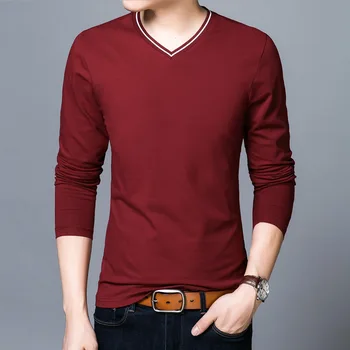 2020 nové pánske jar V golier T-shirt, mládež kórejský Edition, bavlna, dlhý rukáv T-shirt značky, pánske bežné pánskeho oblečenia tide