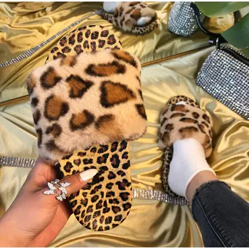 Dámske Papuče Umelú Kožušinu Módne Leopard Dámy Bytov Topánky na Jar Chlpaté Teplé Oblečenie Casual Obuv Típat Prst Domáce Papuče 2021