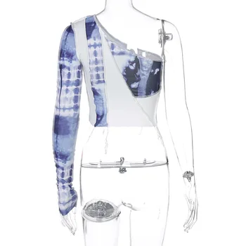 2021 Dlhý Rukáv Jeden-Ramenný Parthwork Tlač Backless Tričko Top Jeseň Jar Ženy Streetwear Módy Ležérne Oblečenie