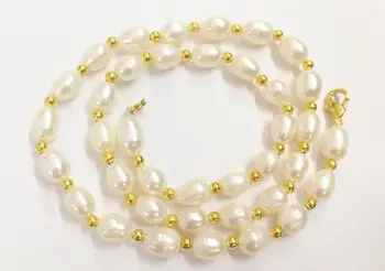 8 mm jasné biele oválne skutočnou perlou zlaté korálky mix náhrdelník zlatá spona prírodné sladkovodné perly Žena Šperky 43 cm 17