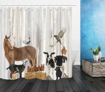 Rustikálny Drevený Stenu Farma Malé Zvieratá Textílie Sprchový Záves Nastaviť Kúpeľňa Decor