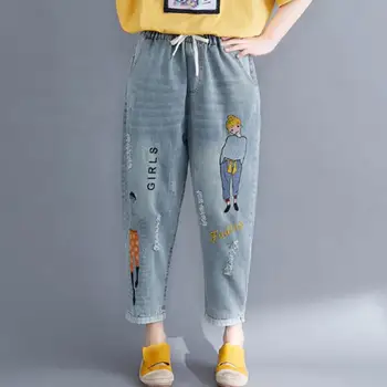 2019 ženy džínsy roztomilý Kreslený Výšivky Priateľ Džínsy Dámske Letné Voľné Denim Hárem Nohavice Femme plus veľkosti 4xl r1370