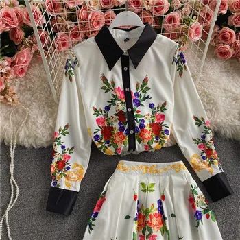 Európske a Americké retro dámy vyhovovali kvetinový klope dlho puzdre tričko top + retro vytlačené veľká swing sukne dvoch-dielny oblek