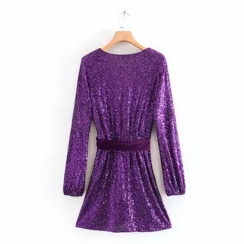 2020 nové Jar Leto Sequined fialová zaraing ženy Krátke Šaty sheining vadiming ženské šaty, sexy vintage plus veľkosť Xdn9607