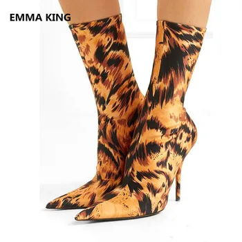 2019 Nové Módne Leopard Tlačí Ženy Členok Boot Sexy Ukázal Prst Dámy Stiletto Vysokom Podpätku Topánky Žena Zimné Úsek Boot Ponožky