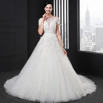 SL002 plus veľkosť plesové šaty, svadobné šaty, krátky rukáv crystal čipky appliqued župan mariage de princesse backless vestidos fiesta