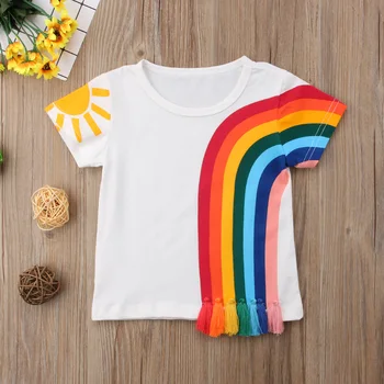 2020 Nový Štýl Dieťa Deti, Baby, Dievčatá, T Košele Bežné Rainbow Tlače Krátky Rukáv Strapec Patchwork Bavlna T-shirt Topy