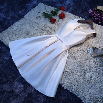 Dámske krátke formálne prom večerné šaty Plus veľkosti bez rukávov keper saténové svadobné party šaty, ružové a biele šaty bridesmaid