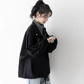 2020 všetky zápasom nový kabát žena voľné študent voľný čas trakmi, retro Hong Kong štýl, dlhý rukáv, čierna bunda