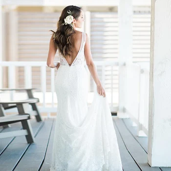 Čipky Svadobné Šaty tvaru Jednoduché Svadobné Šaty Lacné Pláži Svadba Dressses Pre Ženy 2020 Backless Romantický Rýchle dodanie