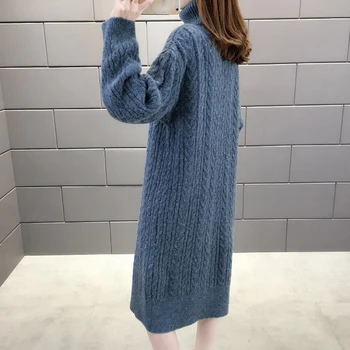 Turtleneck dlhé pletené cashmere sveter šaty žena pribrala 2020 nové jeseň zima twist voľné plus veľkosť základne svetre ženy