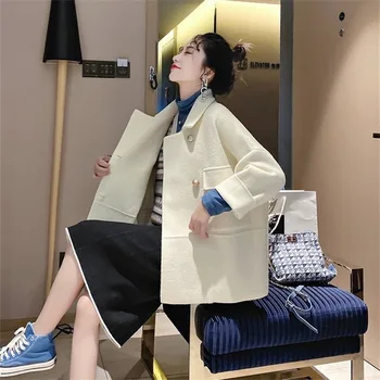 2020 Nový kórejský Módne Malé Vlnené Kabát Ženy Voľné Bežné Imitácia obojstranné Pribrala Dlhým rukávom kórejský Plášť Plášť