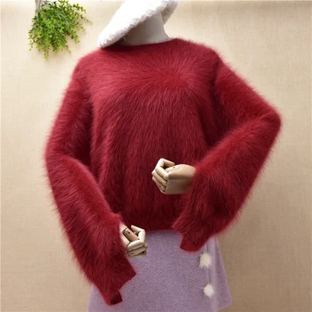 Dámy ženy móda chlpaté fuzzy noriek cashmere pletené s dlhými rukávmi voľné pulóver angorského kožušiny zimné jumper sveter vytiahnite