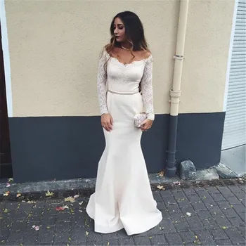 Jednoduché Biele Morská víla Dlhý Rukáv svadobné Šaty Elastický Satén Čipky Dĺžka Podlahy Lacné svadobné Šaty 2020 Nové