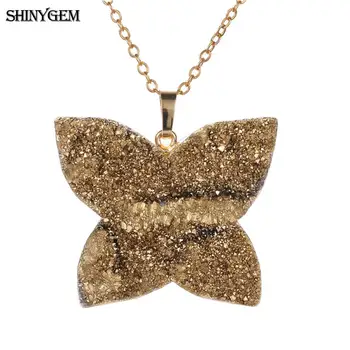 ShinyGem Prírodného Kremeňa Prívesok Motýľ Náhrdelník Masívneho Prírodného Kameňa Druzy Náhrdelník Gold Crystal Motýľ Náhrdelníky Pre Ženy