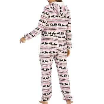 Jeseň A V Zime Teplý Jumpsuit Ladies Vianočné Dlhý Rukáv Tlač Pyžamo Zips S Spp A Ucho Jumpsuit Bavlna Sleepwear