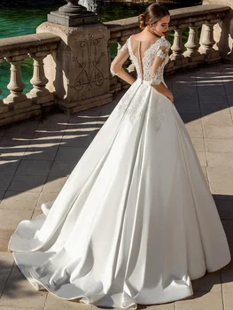 Luxusné Plesové Šaty, Weddding Šaty Appliqued Prehodil Luk Lištovanie Elegantné Dlhé Polovičný Rukáv Ilúzie 2020 Svadobné Šaty