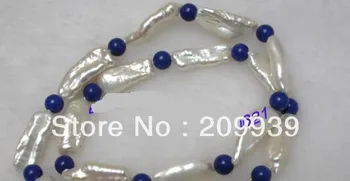 Doprava zadarmo 20mm bielych sladkovodných perál &blue lapis lazuli korálky náhrdelník s príveskom, 18-PALCOVÉ