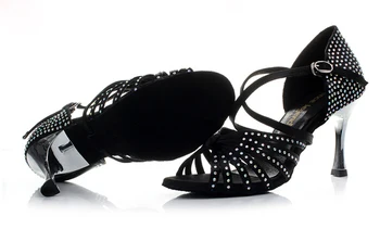 Satin Hornej Kamienkami 8.5 cm Vysokým Podpätkom latinské Tanečné Topánky Pre Ženy Sála Topánky Sandále Dievčatá Zapatos De Baile Latino Black Tan