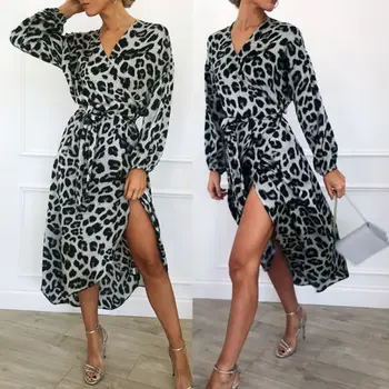 Nové Módne Ženy Dámske Šaty S Dlhým Rukávom Leopard Tlač Jeseň Voľné Bežné Strany Tvaru Koktail Midi Šaty