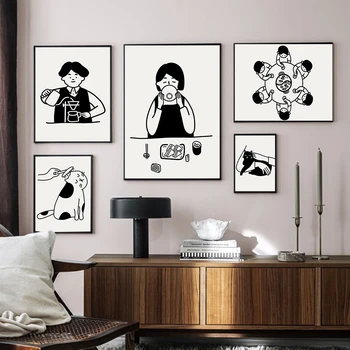Black White Cartoon Zvieratá, Mačky, Chlapec a Dievča, Plagáty a Vytlačí Umelecké Plátno na Maľovanie obrazov na Stenu Pre Kuchyňa Jedinečné Domova